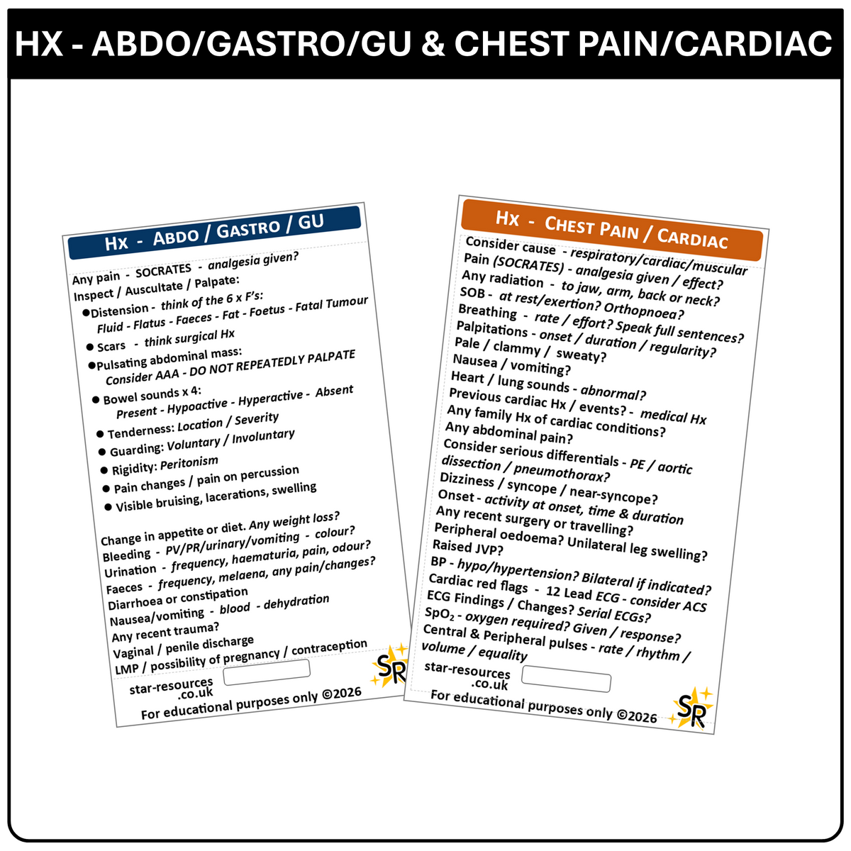 History Taking (Hx) ID Badge Cards for Medical Students, Paramedics, ECA’s, St John Ambulance or CFR