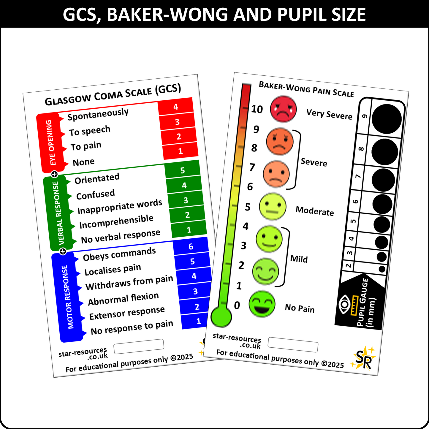GCS ID Badge Card - Paramedic Flashcard for Students | Pocket Guide for Glasgow Coma Scale, Pain Scale, Pupil Gauge, Patient Assessment