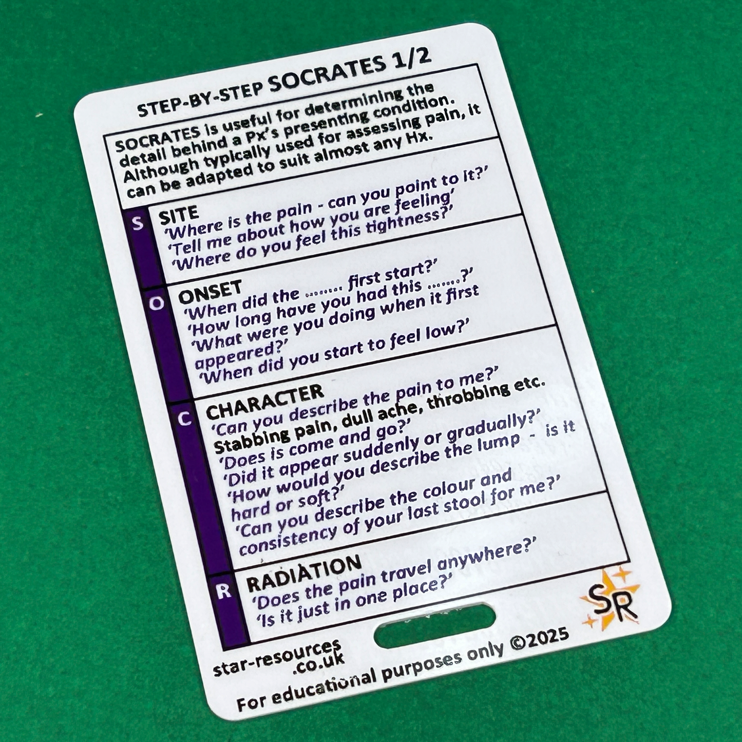 SOCRATES Pain Survey Step-By-Step ID Badge Card | Pocket Paramedic Flashcard | Assessment Aid for Paramedics and Students