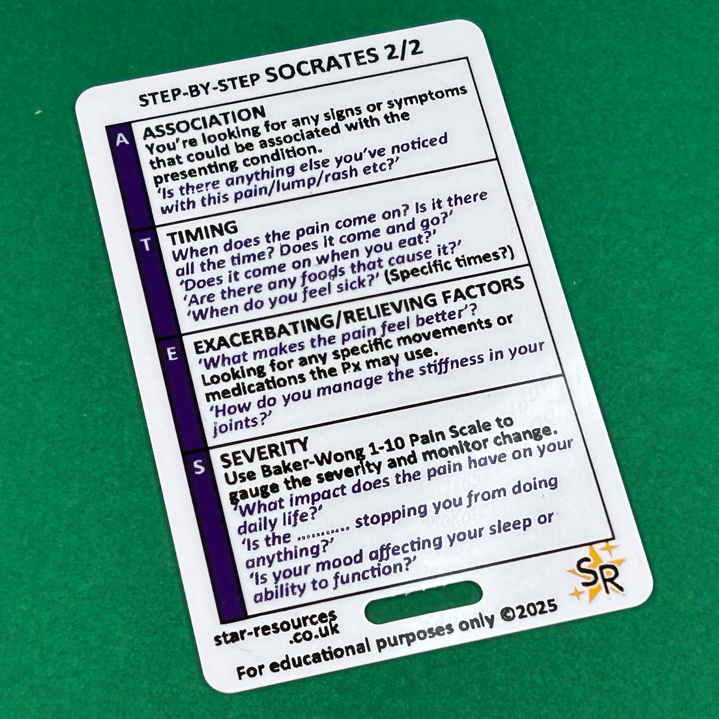 SOCRATES Pain Survey Step-By-Step ID Badge Card | Pocket Paramedic Flashcard | Assessment Aid for Paramedics and Students