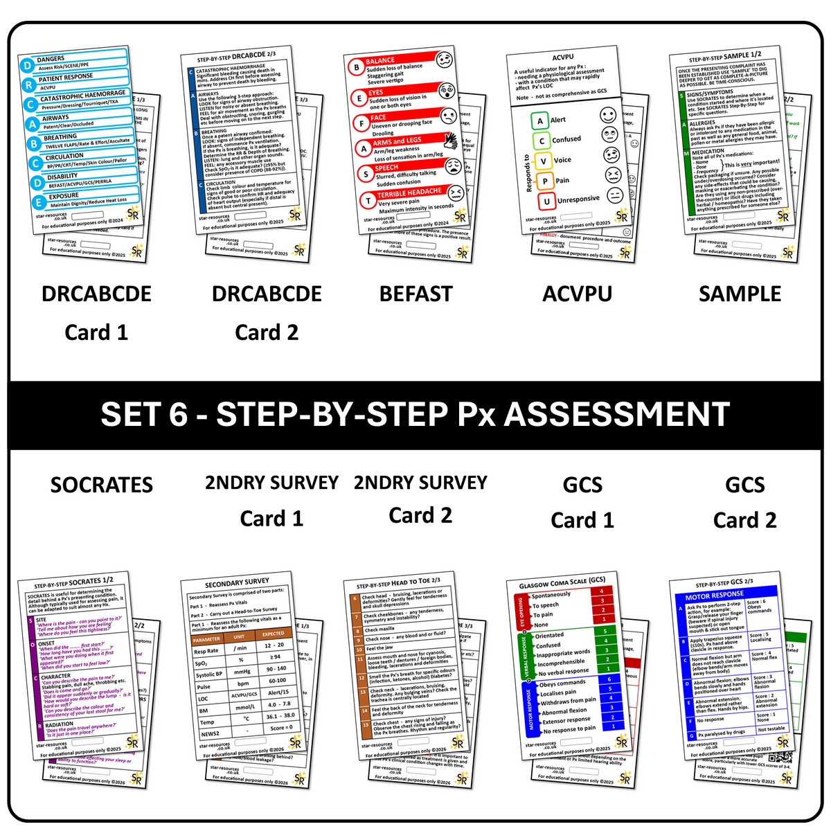 Set 6 - Patient Assessment Step-By-Step ID Badge Cards Student Nurses, Paramedic, Ambulance