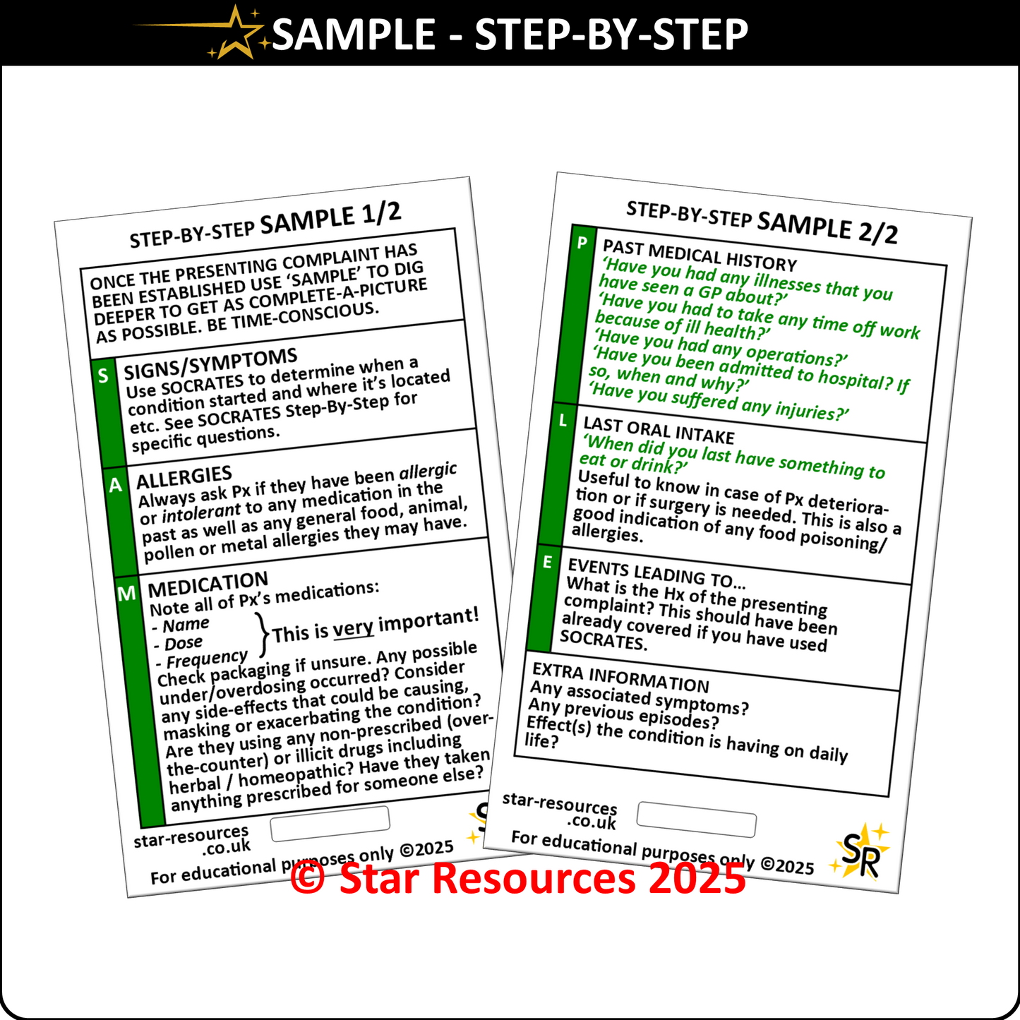 Set 6 - Patient Assessment Step-By-Step ID Badge Cards Student Nurses, Paramedic, Ambulance