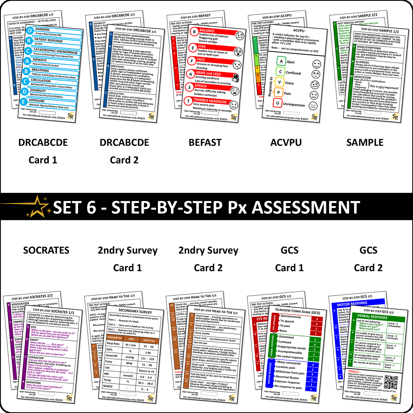 Set 6 - Patient Assessment Step-By-Step ID Badge Cards Student Nurses, Paramedic, Ambulance