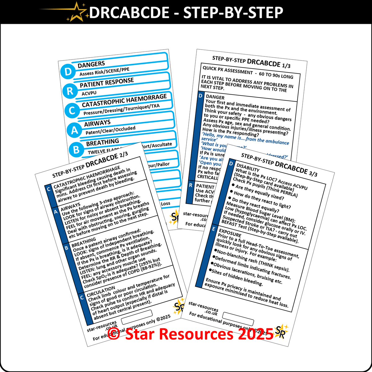 Set 6 - Patient Assessment Step-By-Step ID Badge Cards Student Nurses, Paramedic, Ambulance