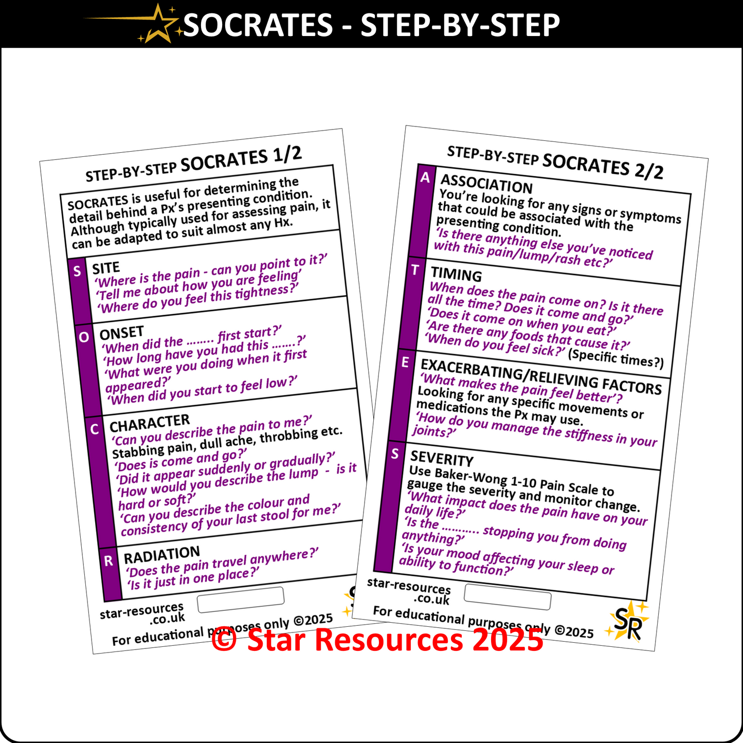 SOCRATES Pain Survey Step-By-Step ID Badge Card | Pocket Paramedic Flashcard | Assessment Aid for Paramedics and Students