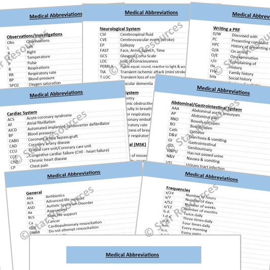 Medical Abbreviations Revision Flash Cards - Flashcards for Medical Students, Paramedics, ECA’s, St John Ambulance