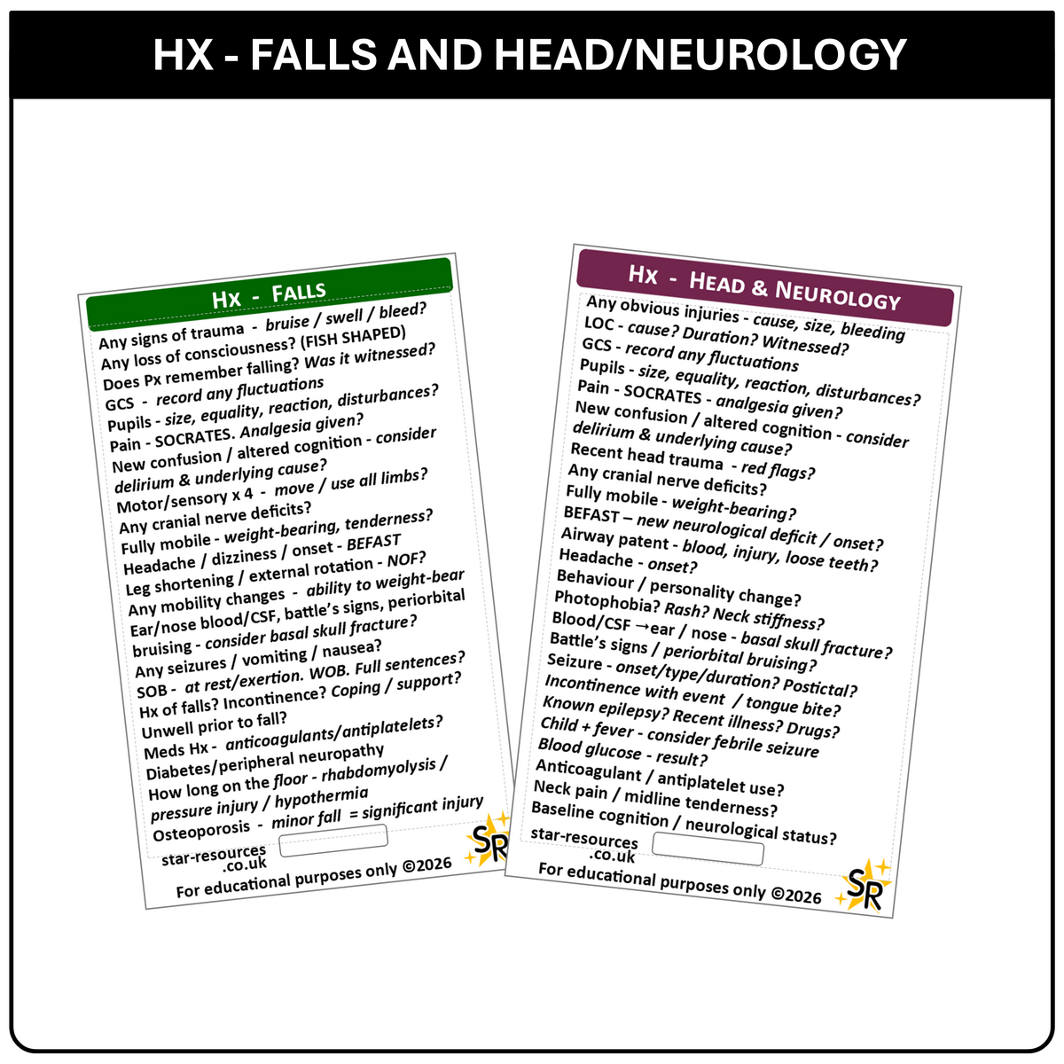 History Taking (Hx) ID Badge  Cards for Medical Students, Paramedics, ECA’s, St John Ambulance or CFR