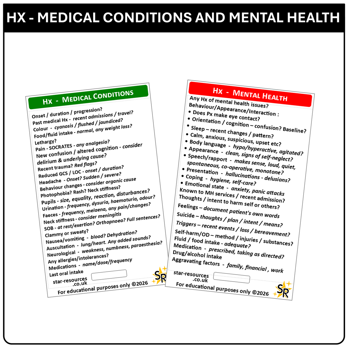 History Taking (Hx) ID Badge  Cards for Medical Students, Paramedics, ECA’s, St John Ambulance or CFR