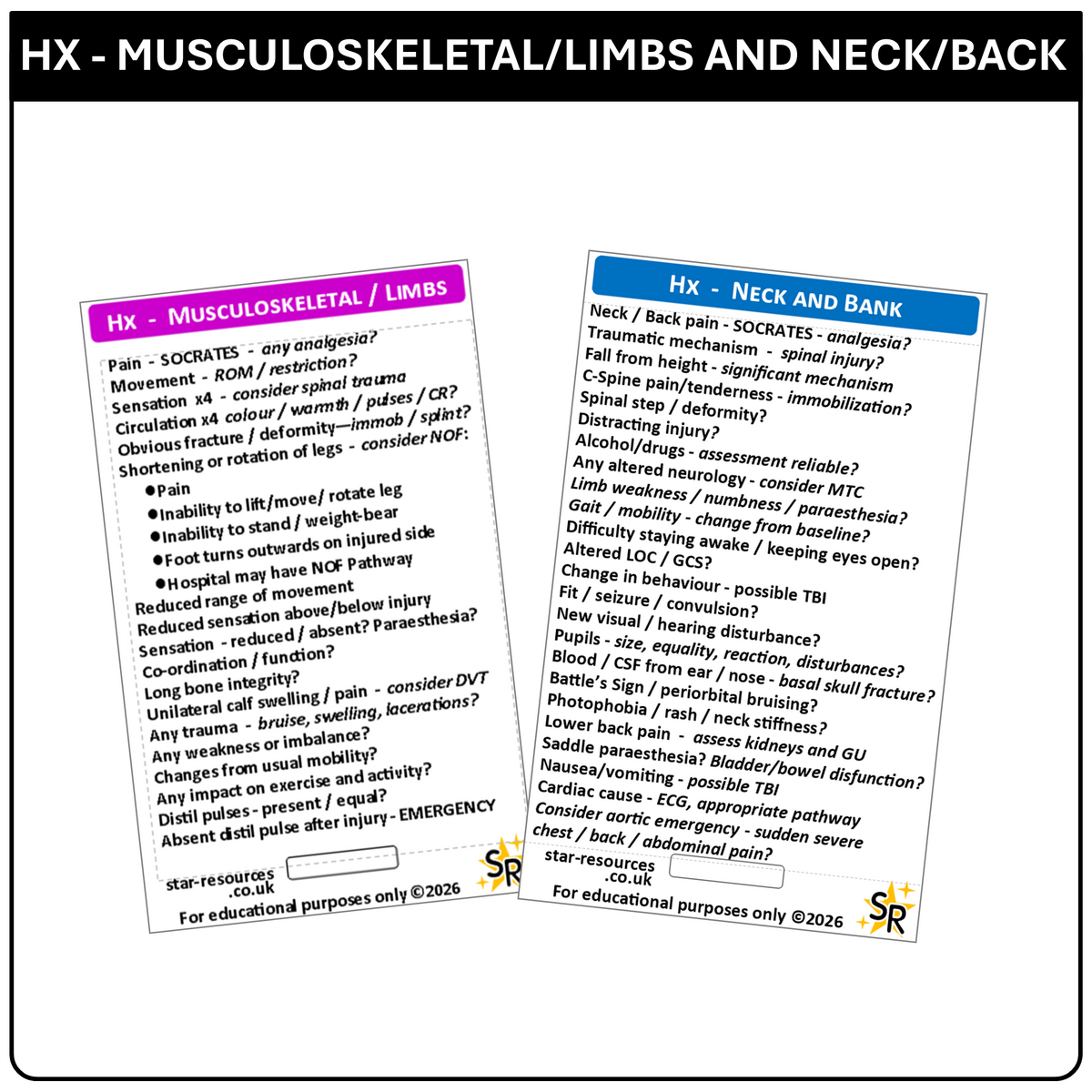 History Taking (Hx) ID Badge  Cards for Medical Students, Paramedics, ECA’s, St John Ambulance or CFR