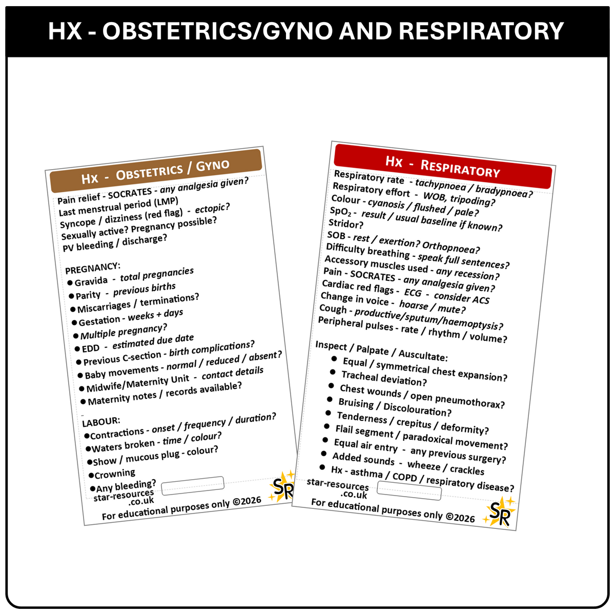 History Taking (Hx) ID Badge  Cards for Medical Students, Paramedics, ECA’s, St John Ambulance or CFR