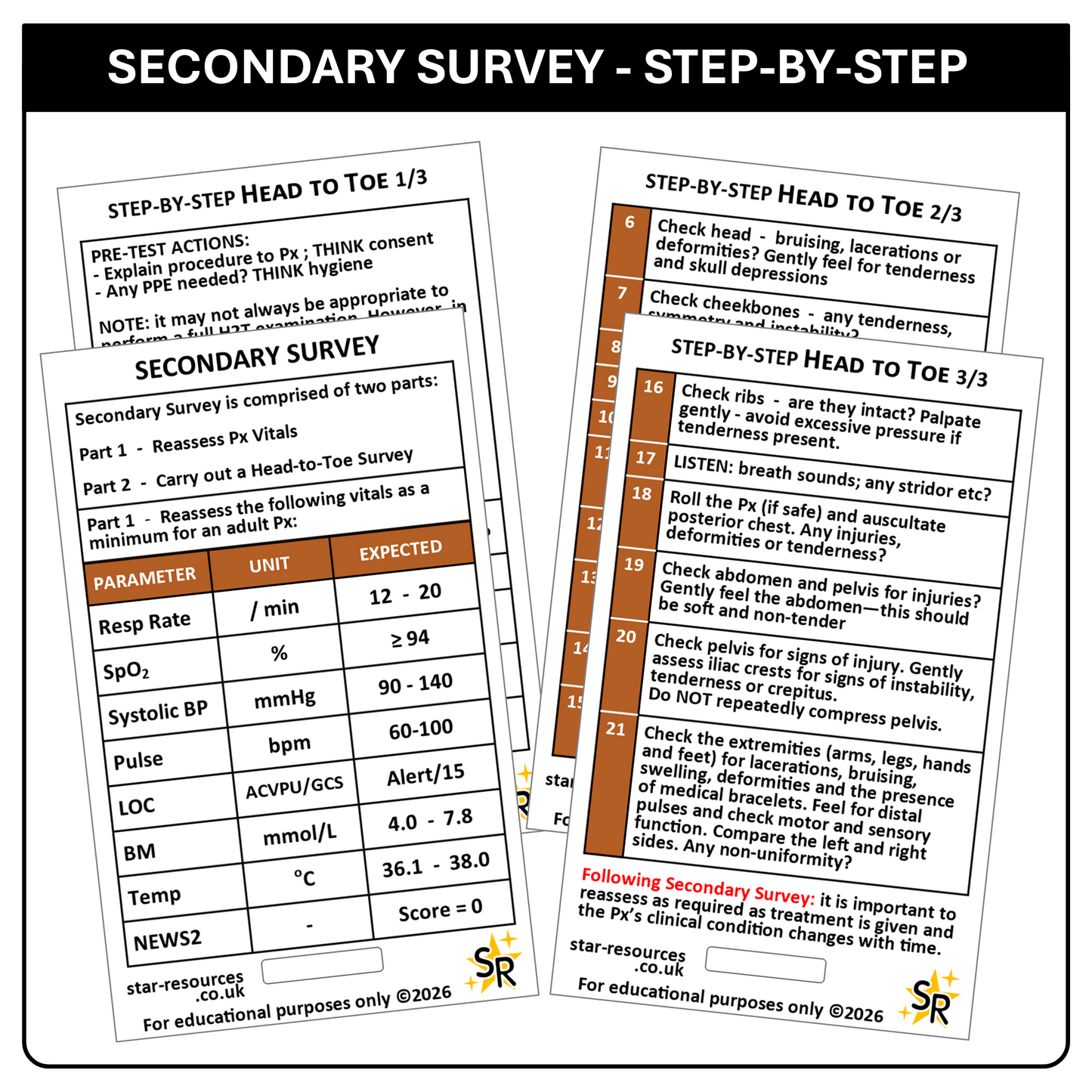 Set 6 - Patient Assessment Step-By-Step ID Badge Cards Student Nurses, Paramedic, Ambulance