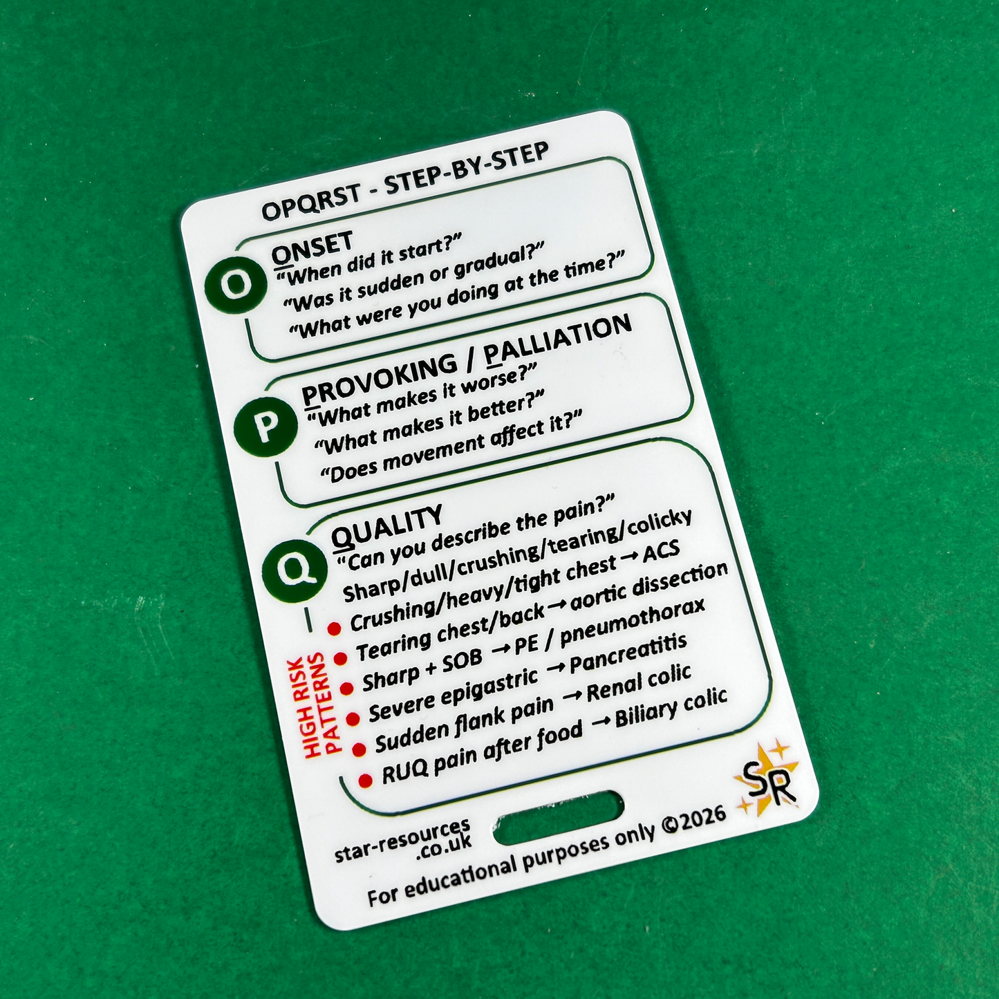 OPQRST Step-By-Step ID Badge Card | Paramedic Flashcard | Nurse Student
