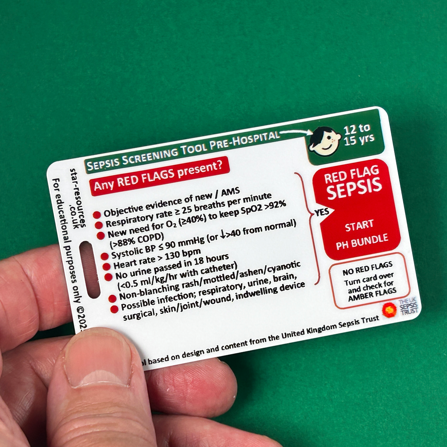 12 to 15 years - Sepsis Pre-Hospital Screening Tool - ID Badge Card