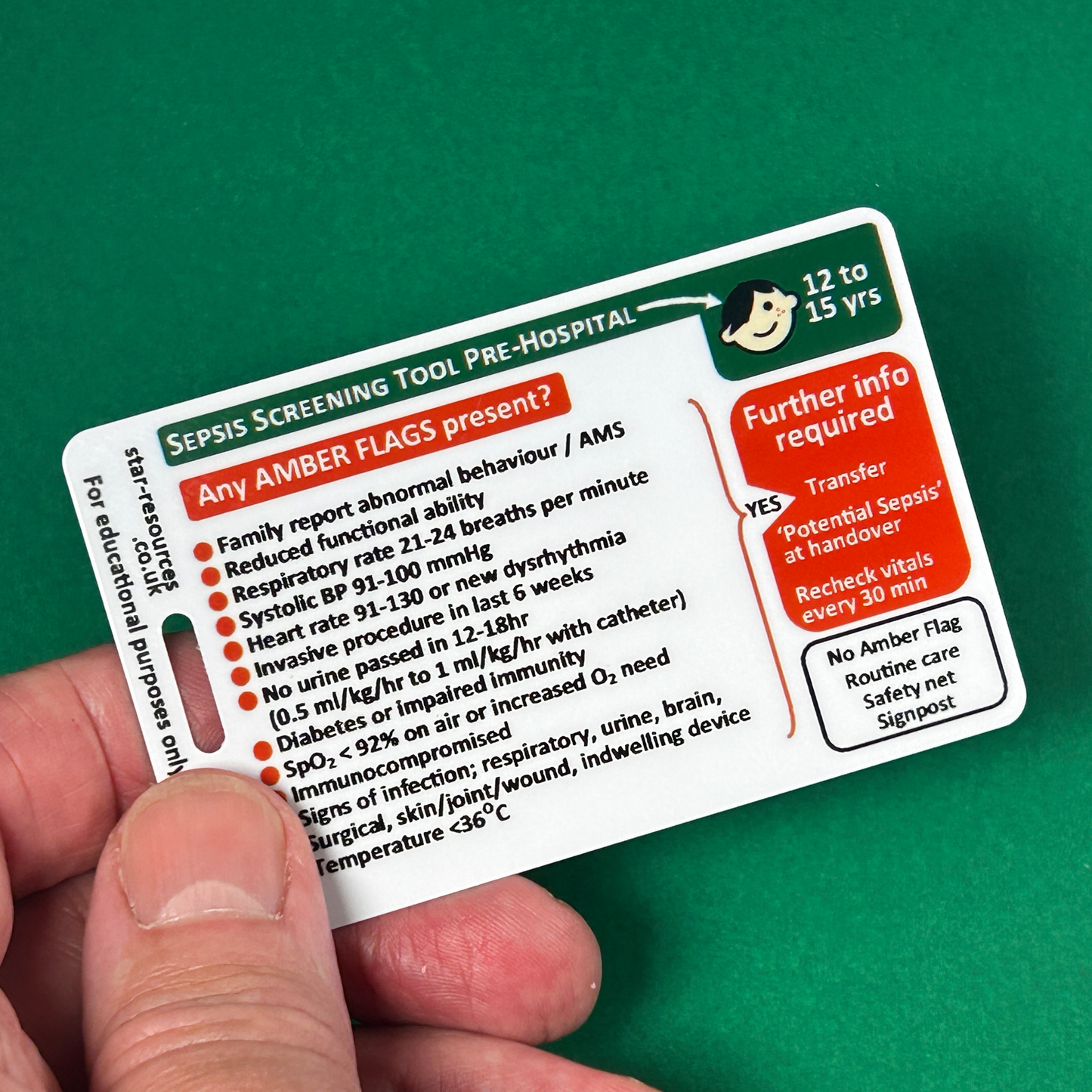 12 to 15 years - Sepsis Pre-Hospital Screening Tool - ID Badge Card