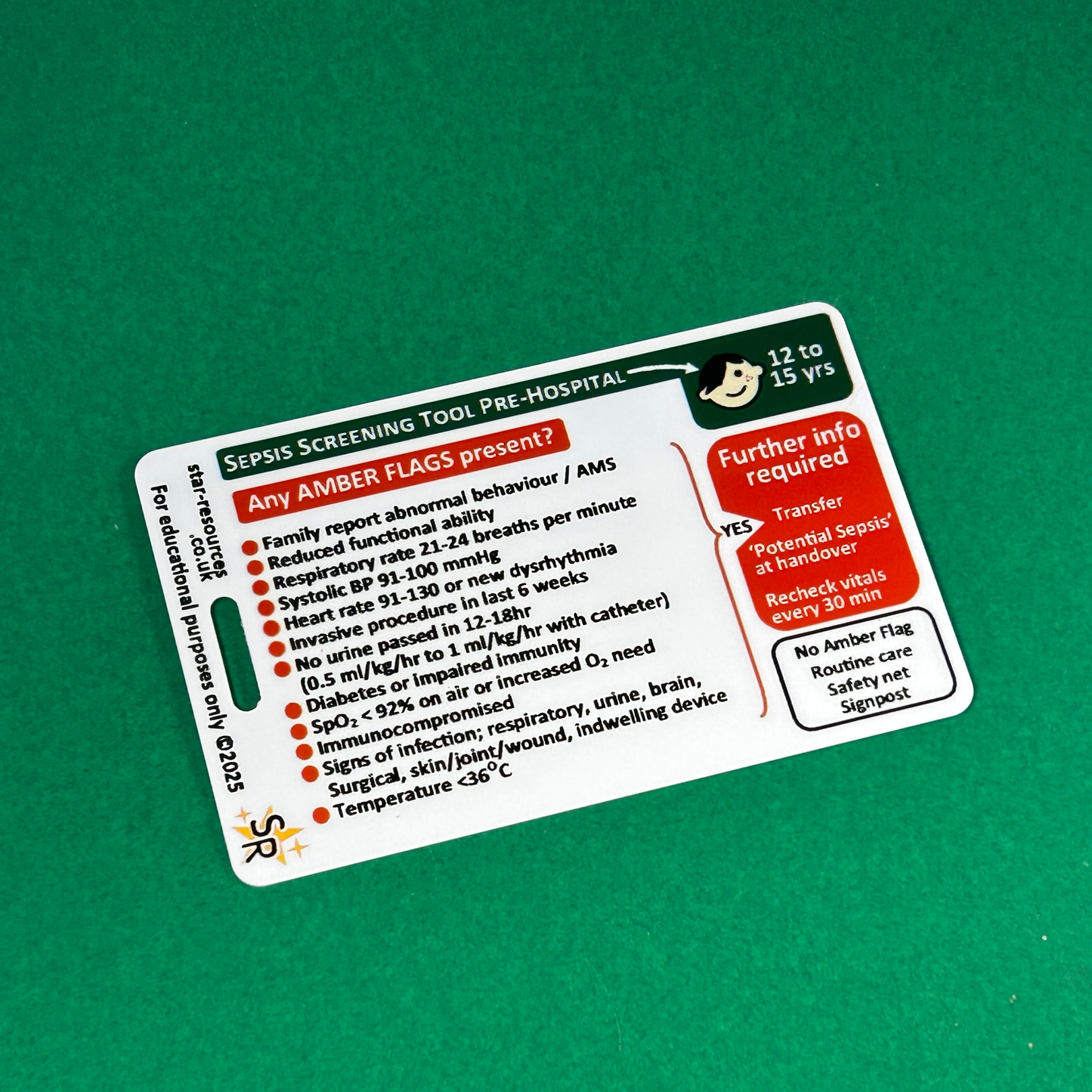 12 to 15 years - Sepsis Pre-Hospital Screening Tool - ID Badge Card