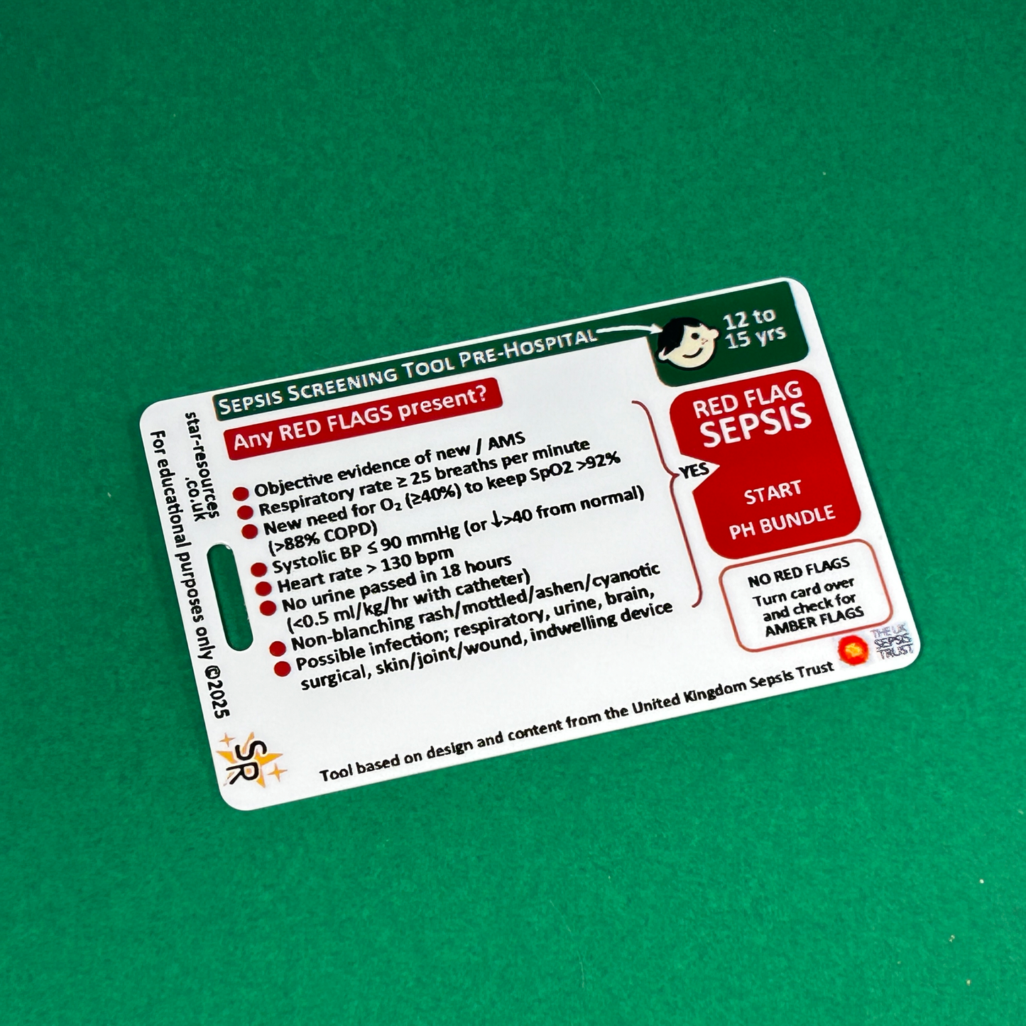 12 to 15 years - Sepsis Pre-Hospital Screening Tool - ID Badge Card