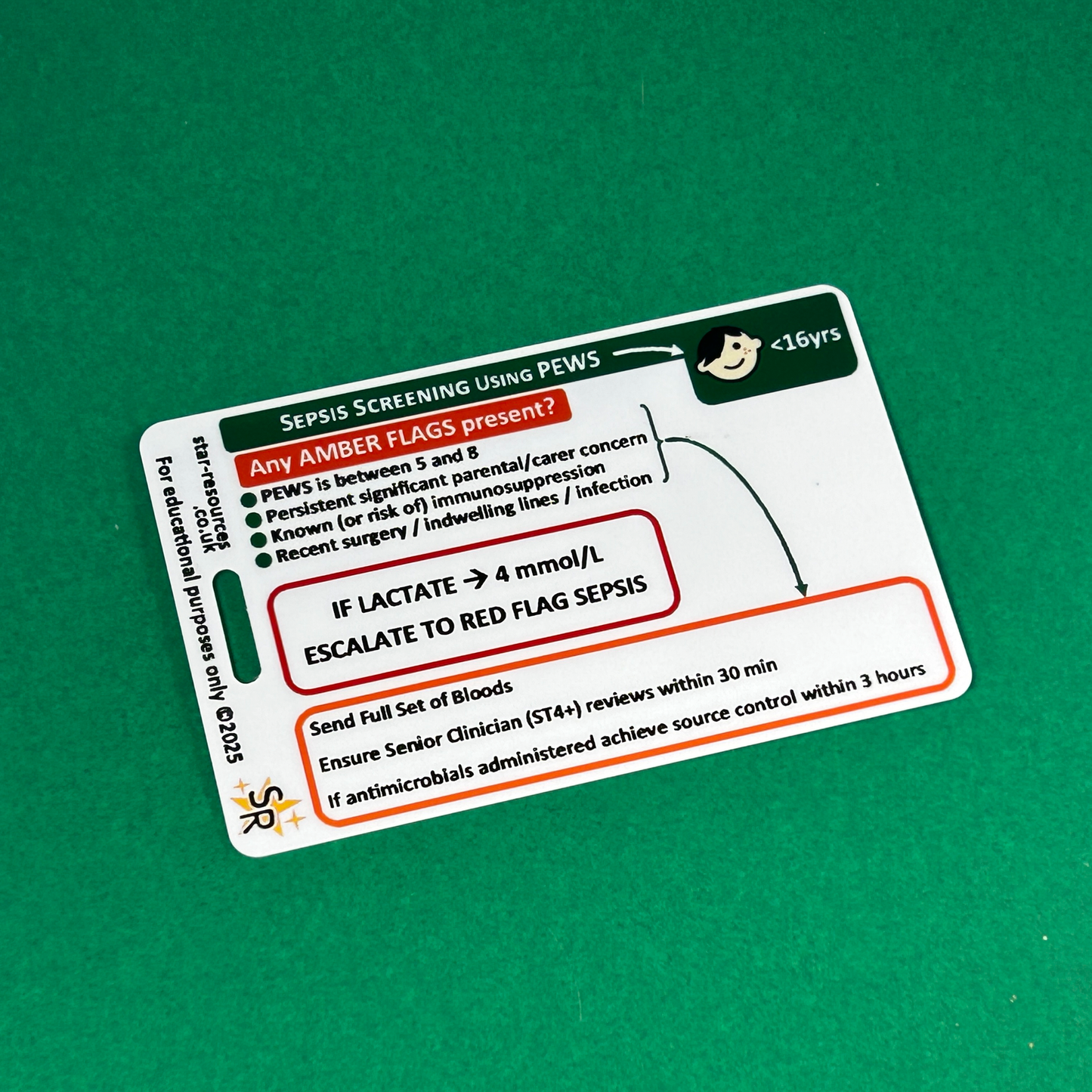 Under 16 years - Sepsis Screening Tool with PEWS - ID Badge Card