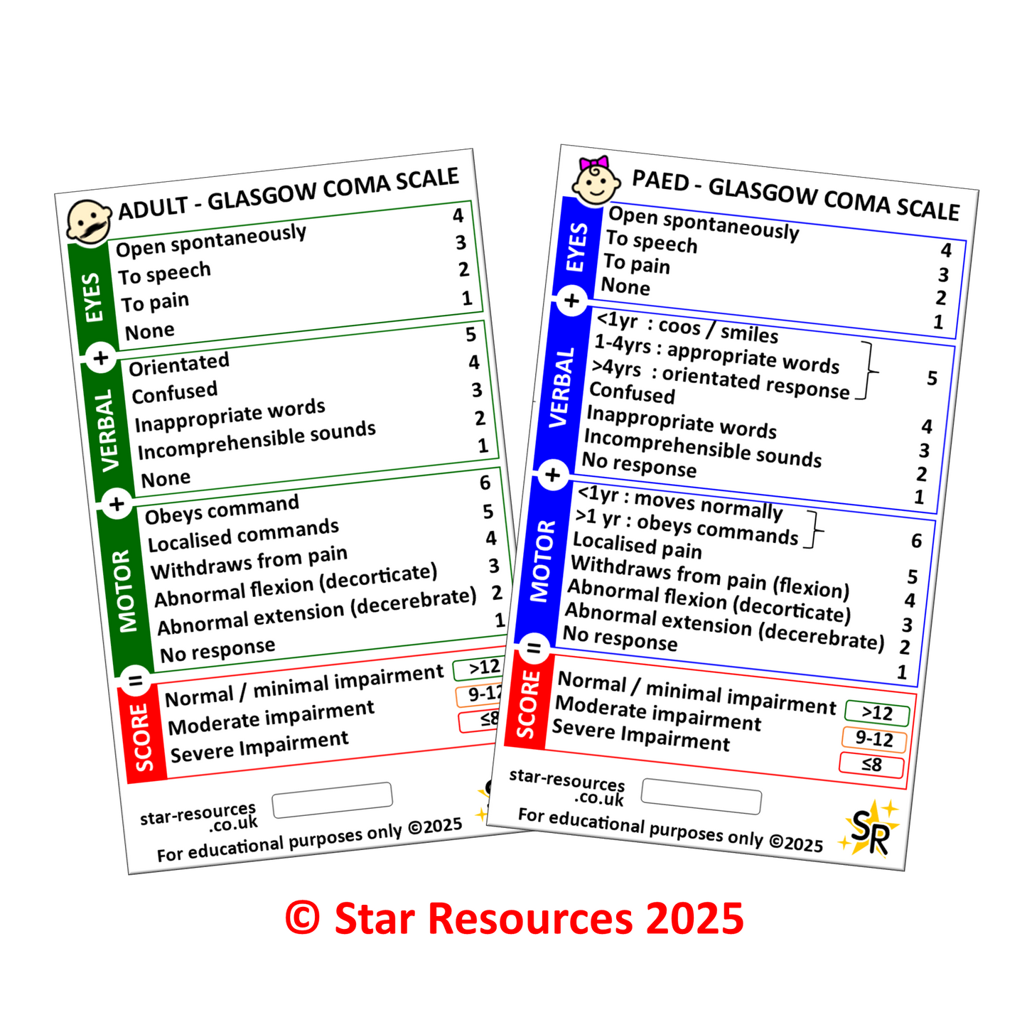 Adult & Paediatric GCS Badge Card | Glasgow Coma Scale Double-Sided Flashcard | Paramedics Nurses Medical Students | EMS Pocket Reference