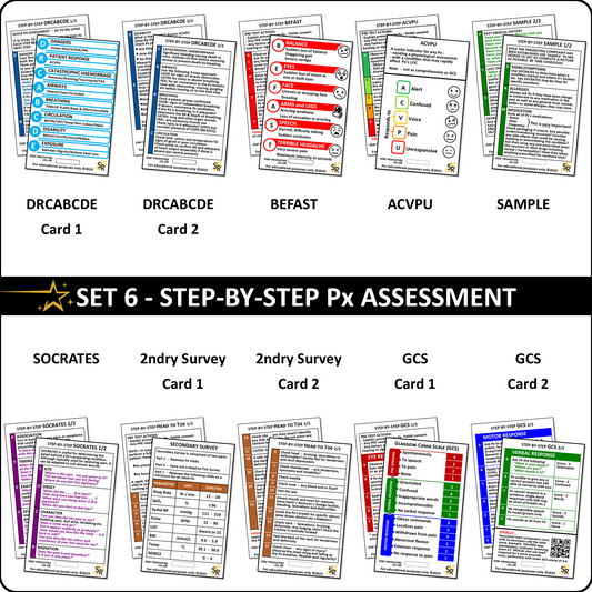 Set 6 - Patient Assessment Step-By-Step ID Badge Cards Student Nurses, Paramedic, Ambulance