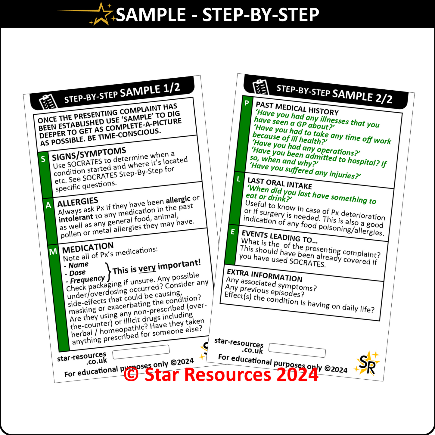 Set 6 - Patient Assessment Step-By-Step ID Badge Cards Student Nurses, Paramedic, Ambulance