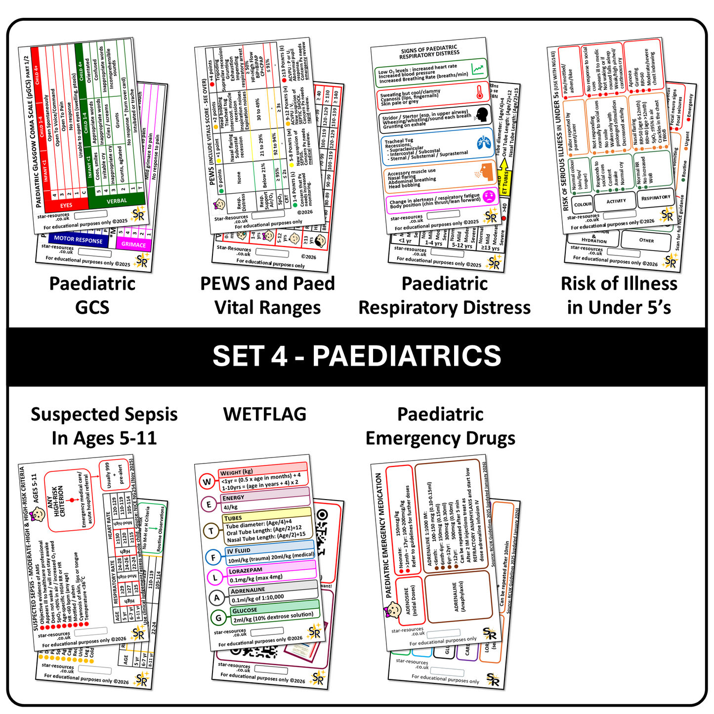 Set 4 - Paediatric  Patient Assessment ID Badge Cards Student Nurses, Paramedic, Ambulance