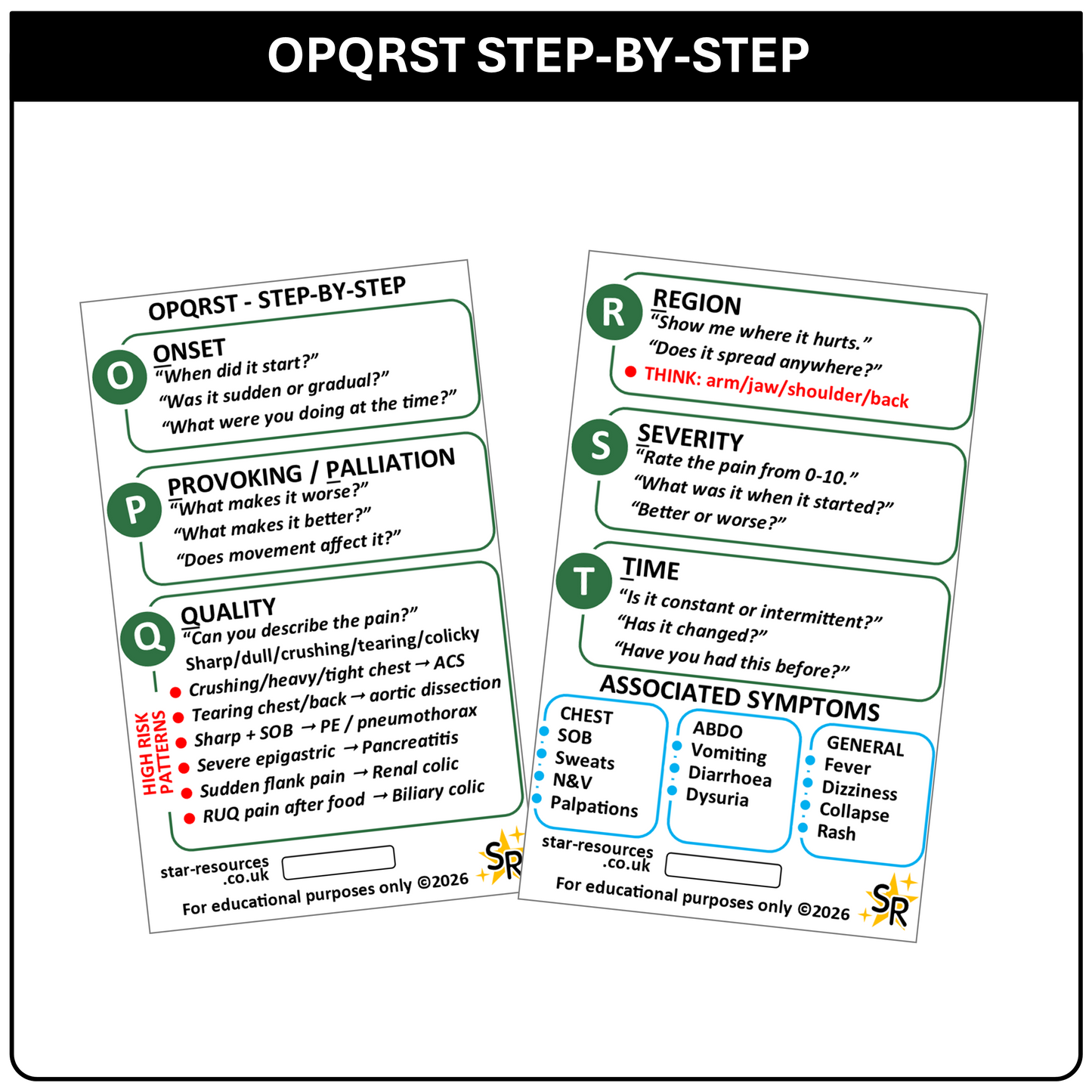 OPQRST Step-By-Step ID Badge Card | Paramedic Flashcard | Nurse Student