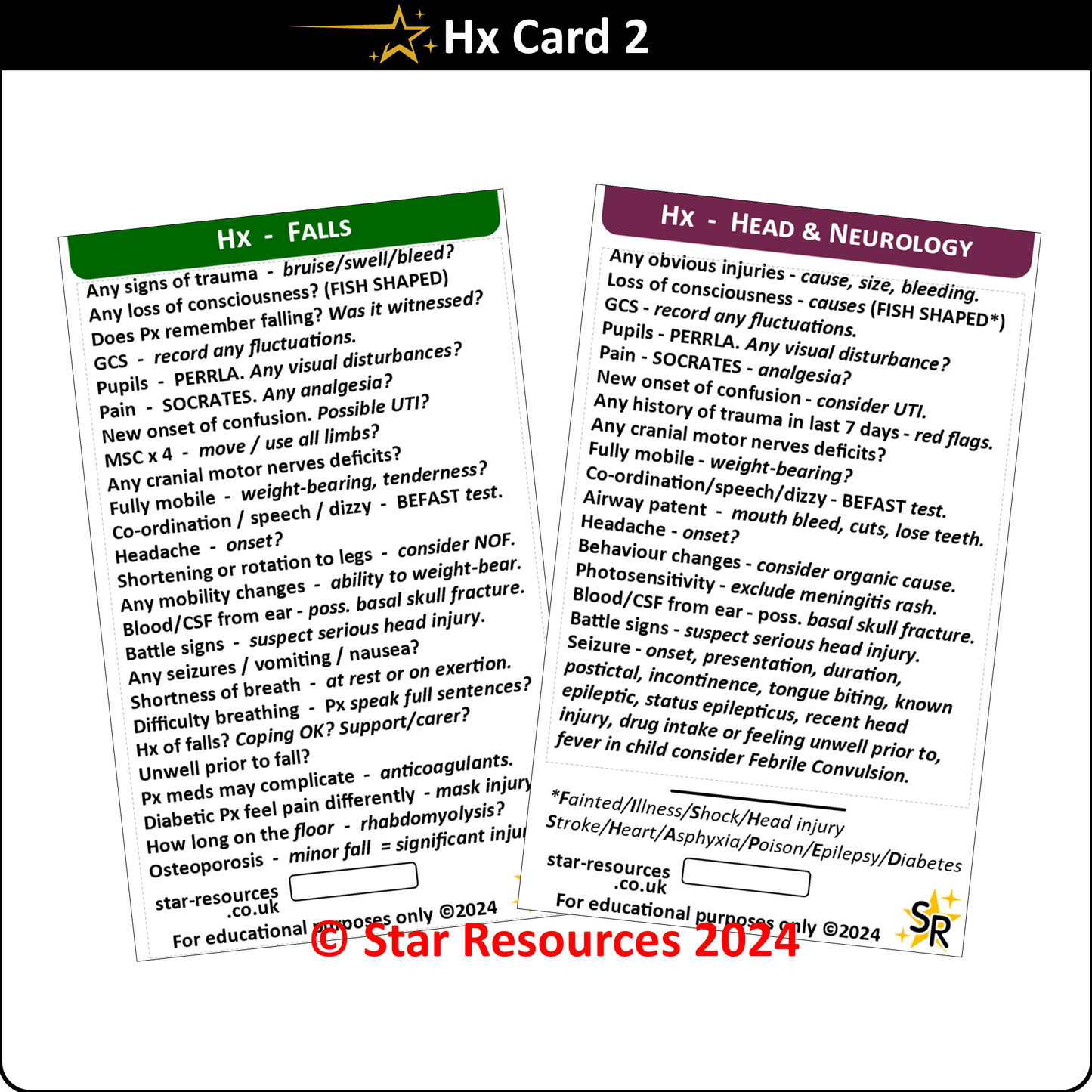 History Taking (Hx) ID Badge  Cards for Medical Students, Paramedics, ECA’s, St John Ambulance or CFR