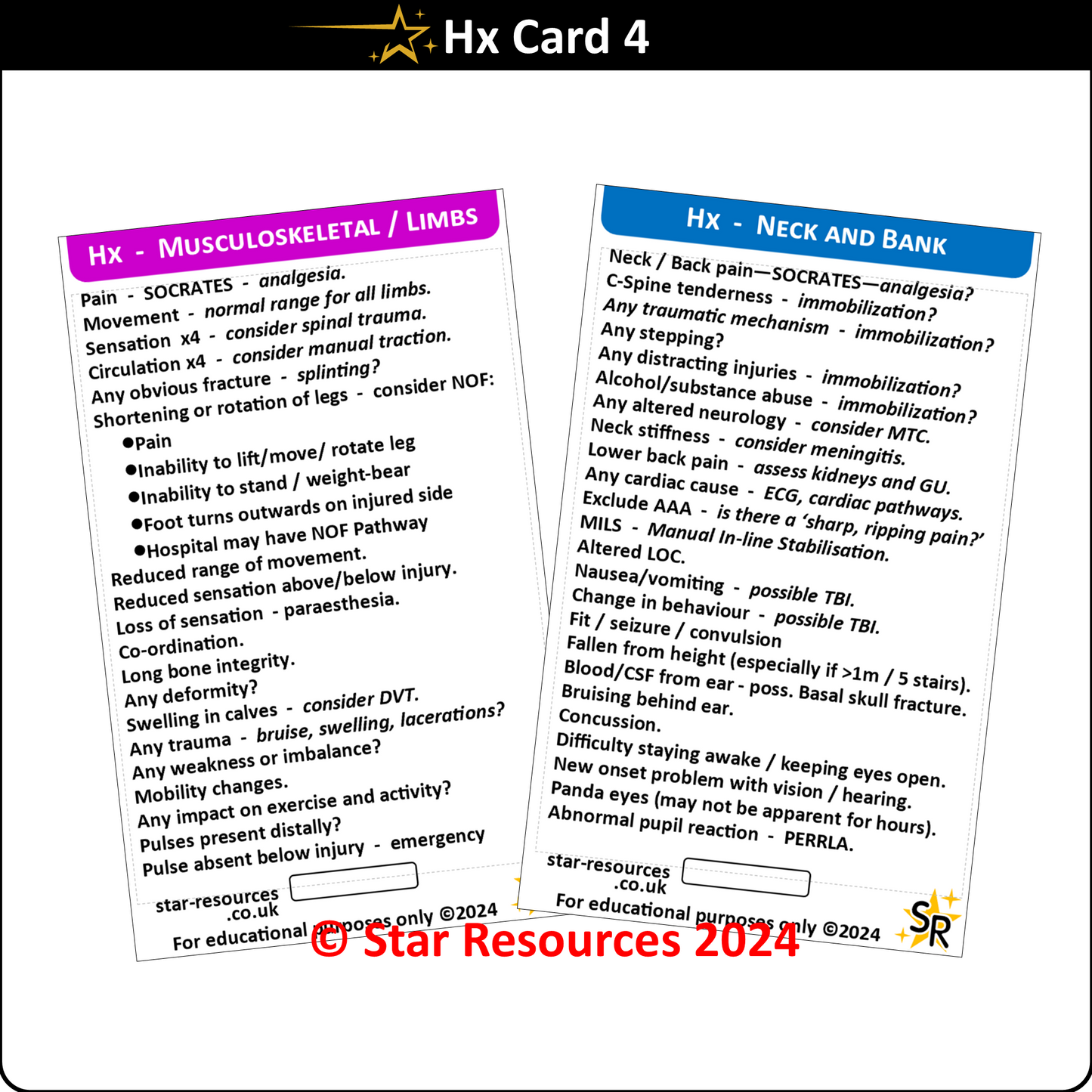 History Taking (Hx) ID Badge  Cards for Medical Students, Paramedics, ECA’s, St John Ambulance or CFR