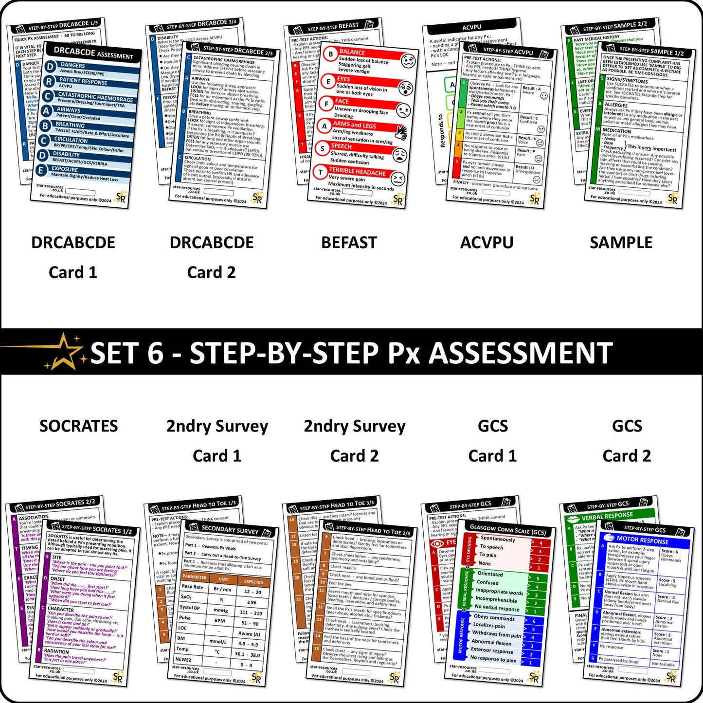 Set 6 - Patient Assessment Step-By-Step ID Badge Cards Student Nurses, Paramedic, Ambulance