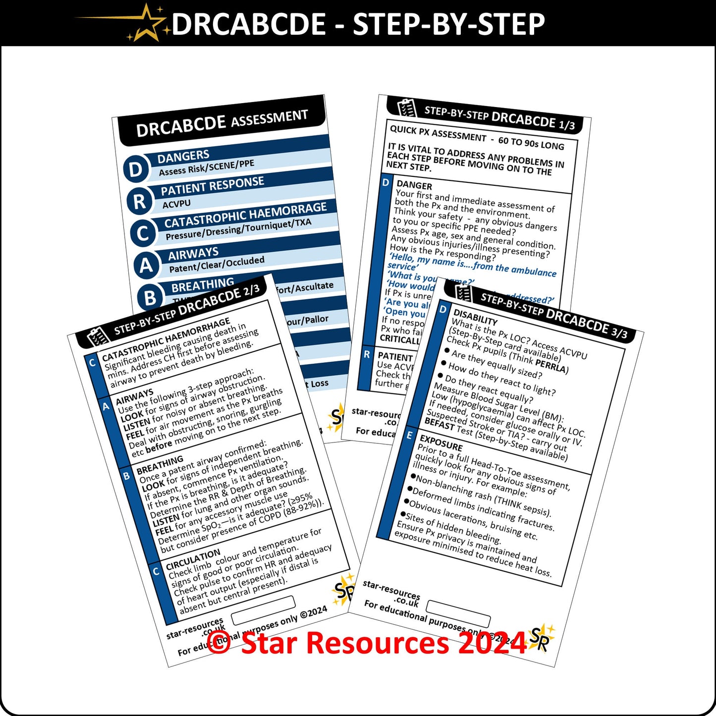 Set 6 - Patient Assessment Step-By-Step ID Badge Cards Student Nurses, Paramedic, Ambulance